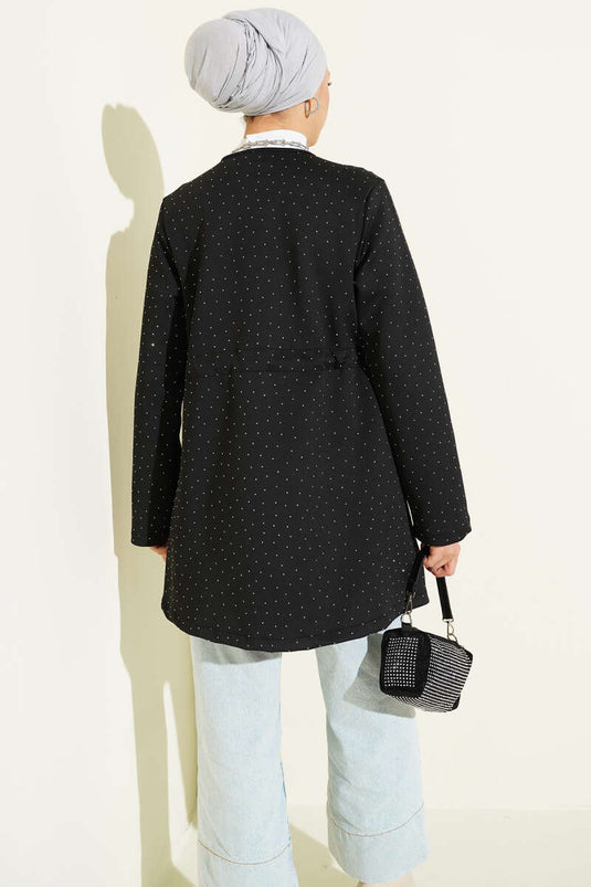 Taşlı Bel Tünelli Scuba Kimono Siyah