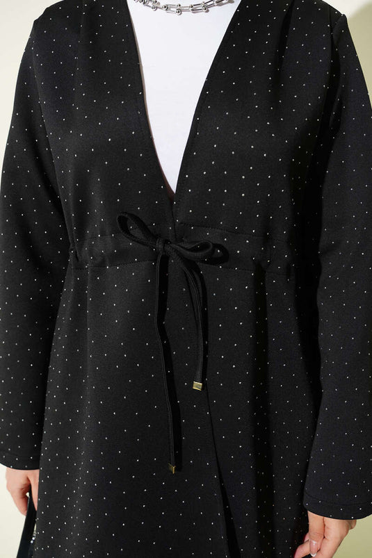 Taşlı Bel Tünelli Scuba Kimono Siyah