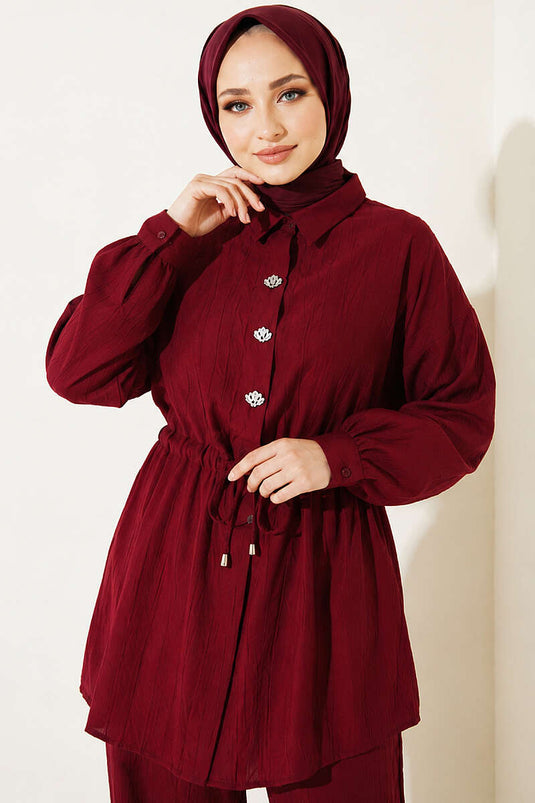 Taşlı Bel Tünelli Tunik İkili Takım Bordo