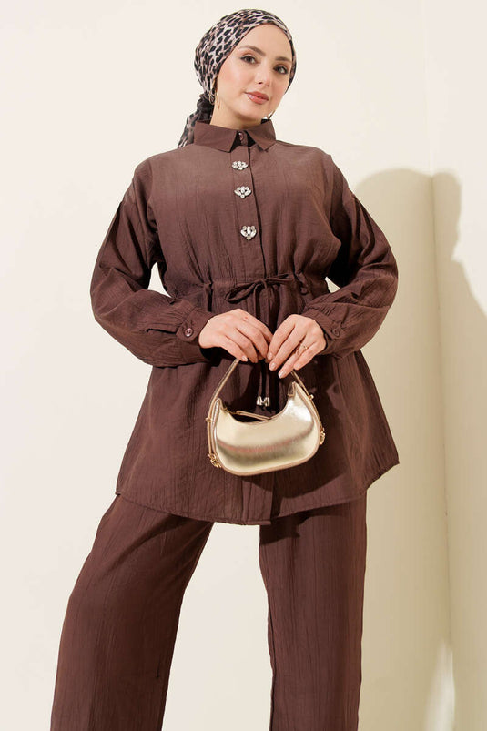 Ensemble tunique à ceinture avec pierres, deux pièces, couleur café