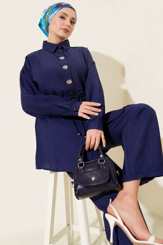 Ensemble tunique à ceinture avec pierres, deux pièces, bleu marine