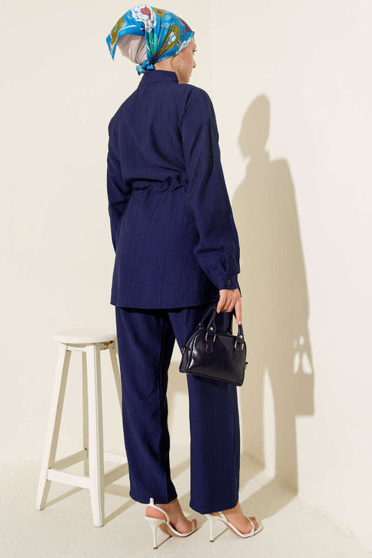 Ensemble tunique à ceinture avec pierres, deux pièces, bleu marine