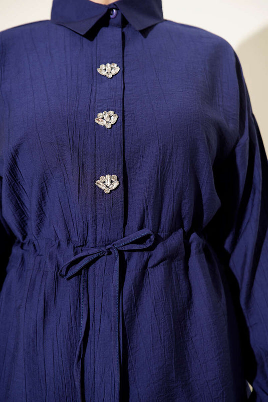 Ensemble tunique à ceinture avec pierres, deux pièces, bleu marine