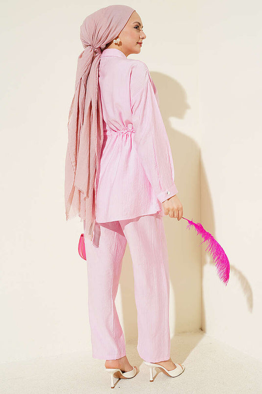Taşlı Bel Tünelli Tunik İkili Takım Pembe