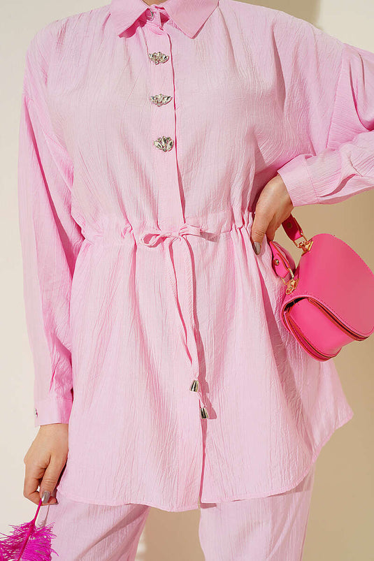 Taşlı Bel Tünelli Tunik İkili Takım Pembe