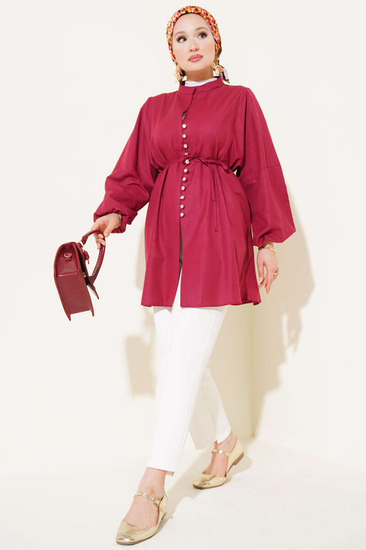 قميص تيريكوتون بأزرار من Stoned Brit باللون الأحمر الداكن