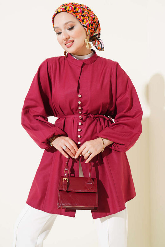 قميص تيريكوتون بأزرار من Stoned Brit باللون الأحمر الداكن