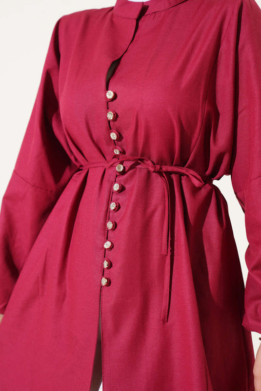 قميص تيريكوتون بأزرار من Stoned Brit باللون الأحمر الداكن