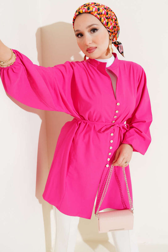 قميص تيريكوتون بأزرار من Stoned Brit باللون الفوشيا