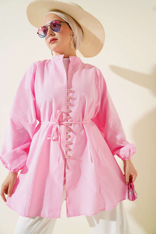 قميص تيريكوتون بأزرار من Stoned Brit باللون الوردي