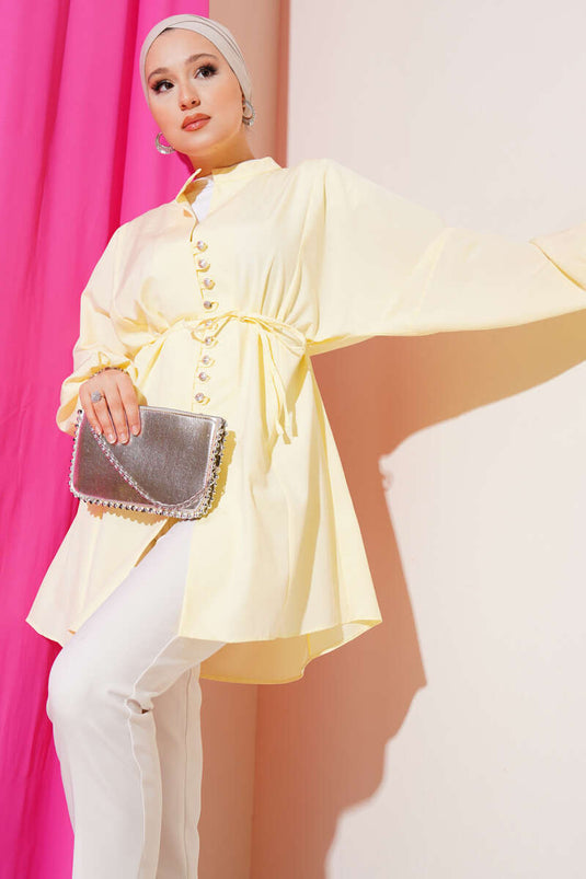 Taşlı Brit Düğmeli Terikoton Gömlek Sarı