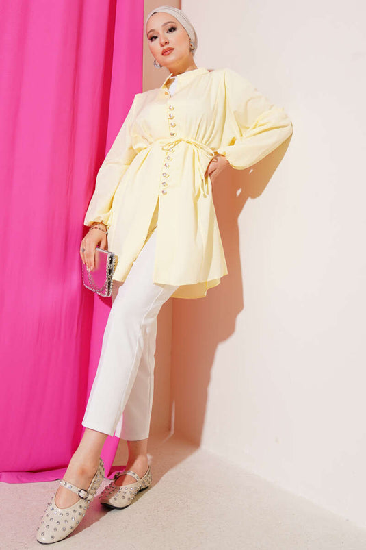 Taşlı Brit Düğmeli Terikoton Gömlek Sarı