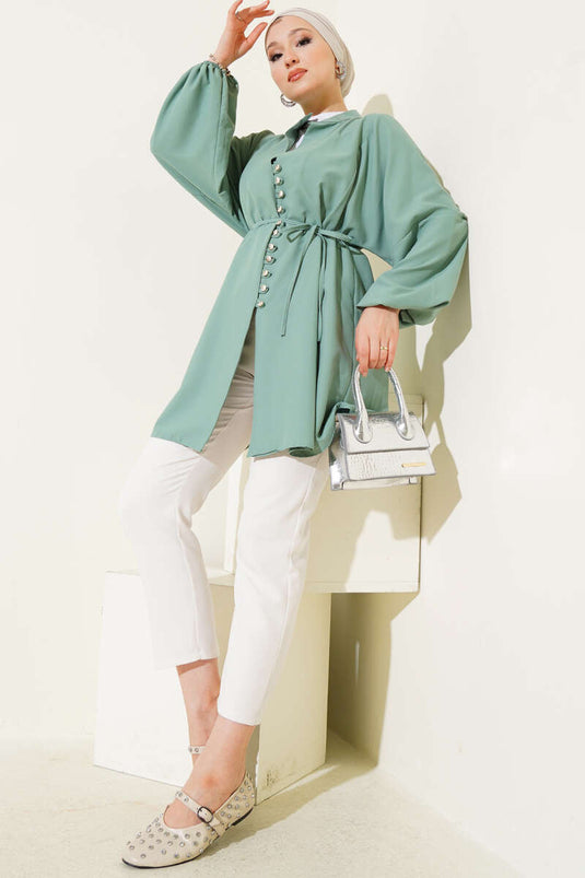 قميص تيريكوتون بأزرار من Stoned Brit باللون النعناعي