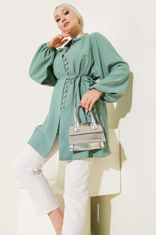 قميص تونيك من التيريكوتون بأزرار بريت مزين بالأحجار بلون النعناع