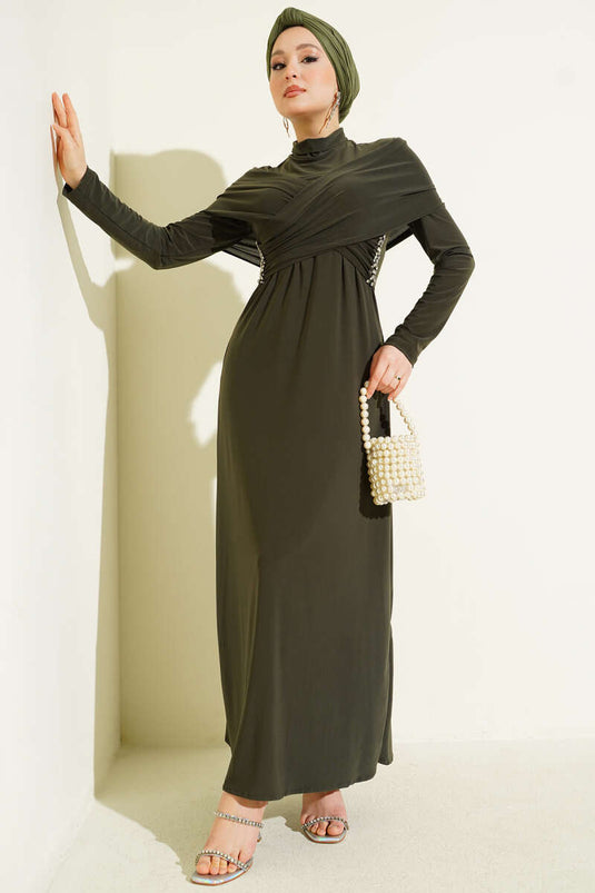 Stone-Embellished Cross-Collar Sandy Evening Dress Khaki