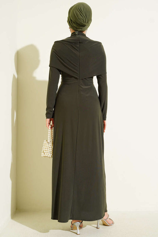 Stone-Embellished Cross-Collar Sandy Evening Dress Khaki