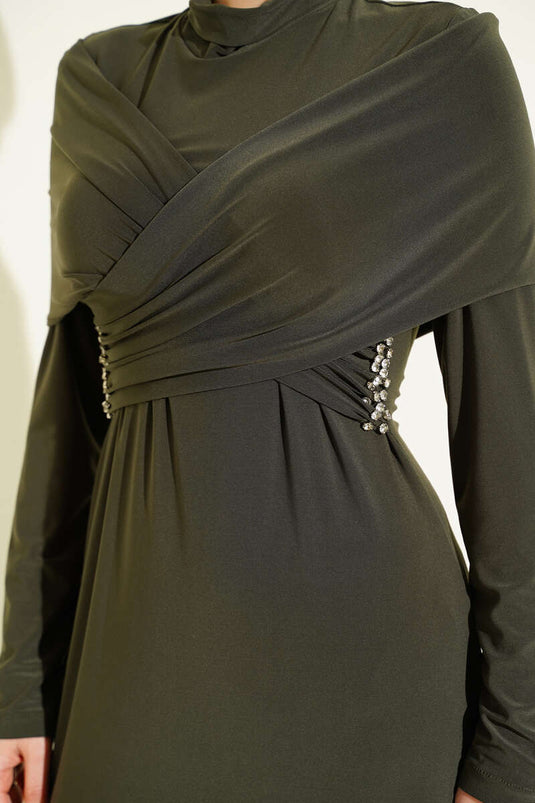 Stone-Embellished Cross-Collar Sandy Evening Dress Khaki