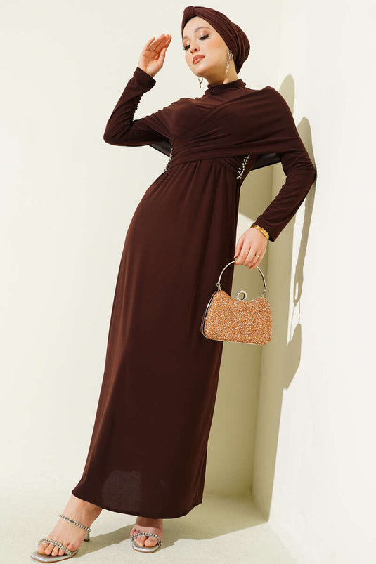 Stone-Embellished Cross-Collar Sandy Evening Dress Brown