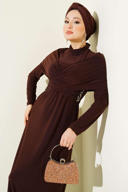 Stone-Embellished Cross-Collar Sandy Evening Dress Brown