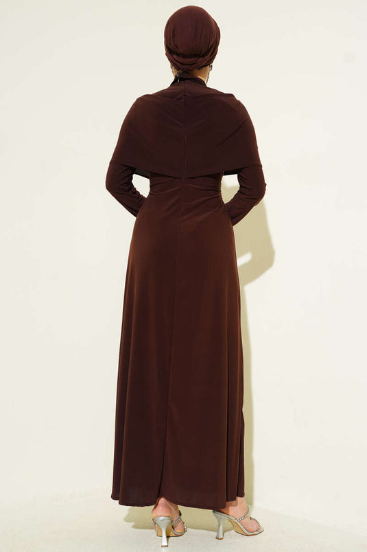 Stone-Embellished Cross-Collar Sandy Evening Dress Brown