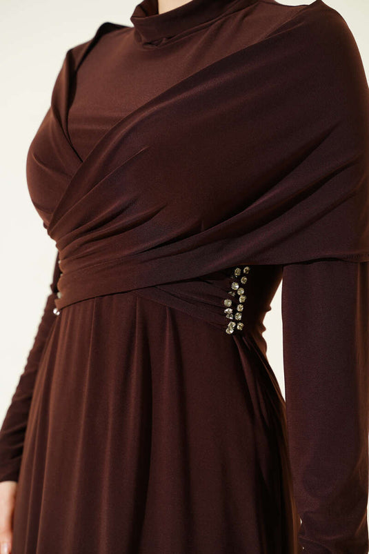 Stone-Embellished Cross-Collar Sandy Evening Dress Brown