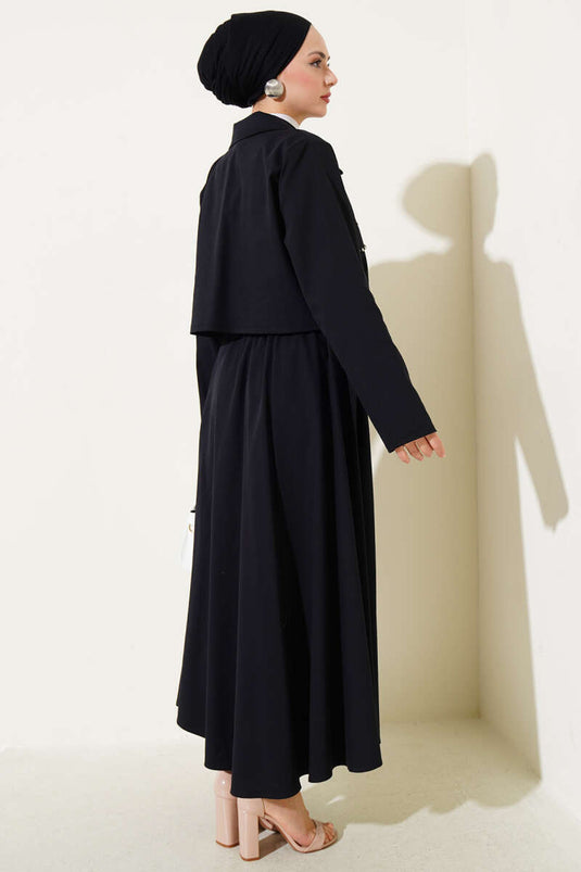 Stone Pocket Flap Zippered Skirted Two Piece Suit Black