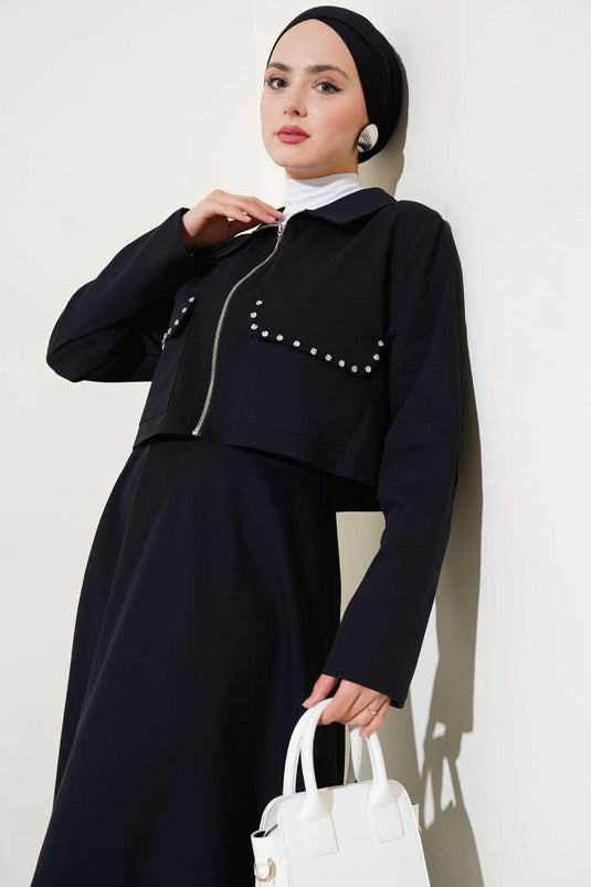 Stone Pocket Flap Zippered Skirted Two Piece Suit Black