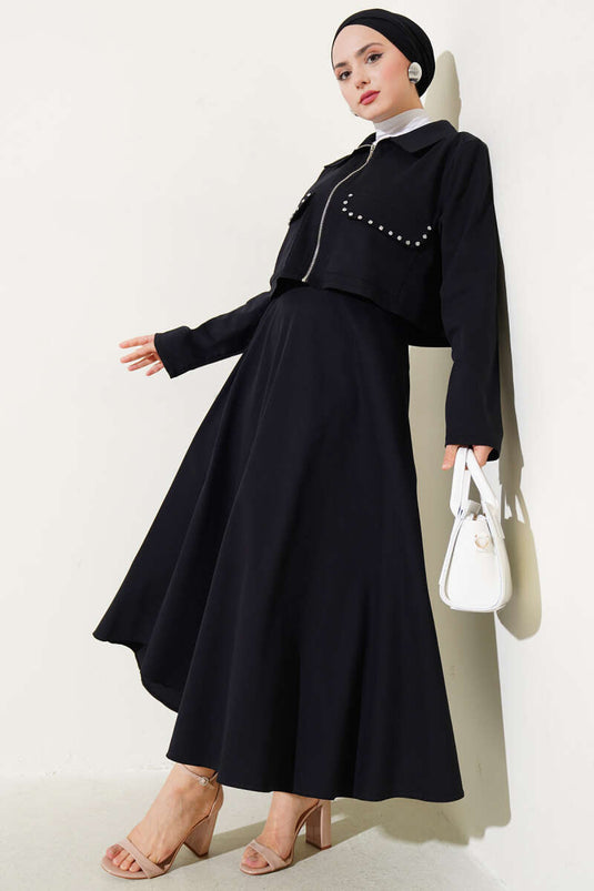 Stone Pocket Flap Zippered Skirted Two Piece Suit Black