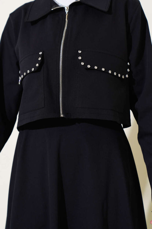 Stone Pocket Flap Zippered Skirted Two Piece Suit Black