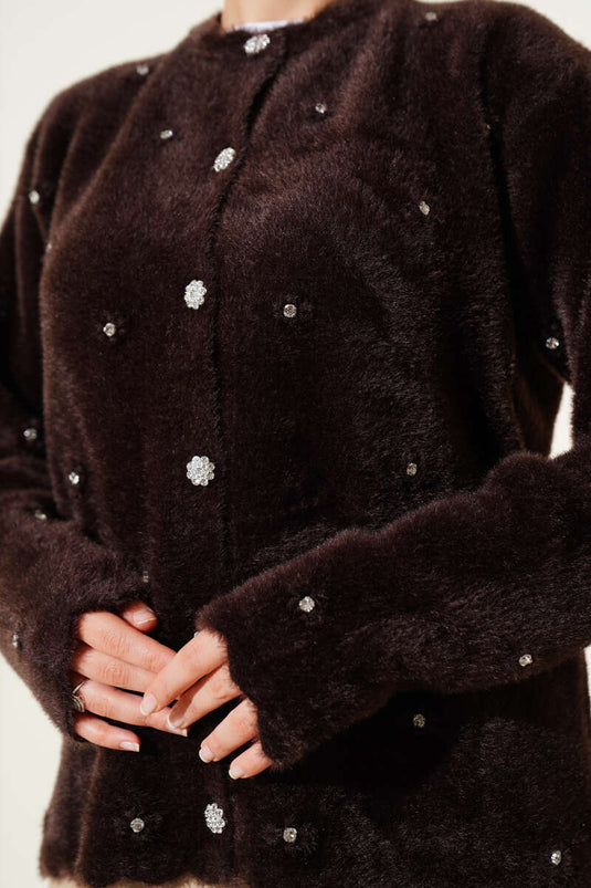 Stoned Flower Buttoned Bearded Cardigan Brown