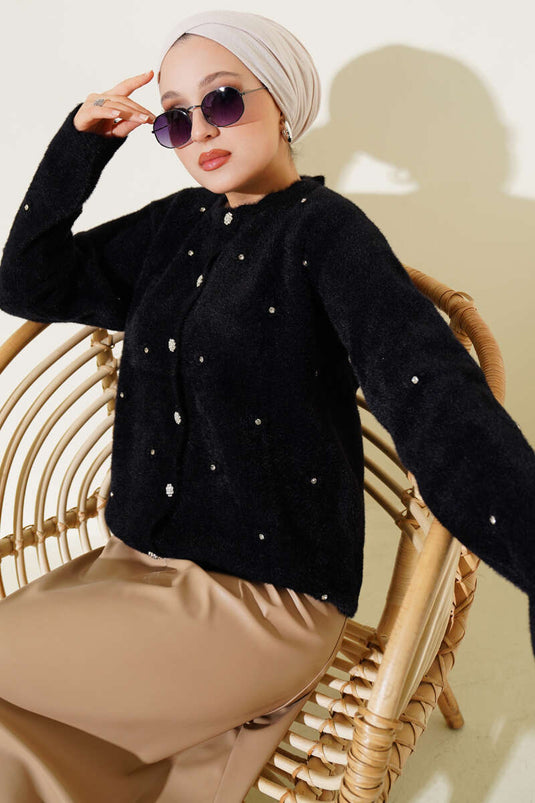 Stoned Flower Buttoned Bearded Cardigan Black