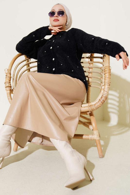 Stoned Flower Buttoned Bearded Cardigan Black