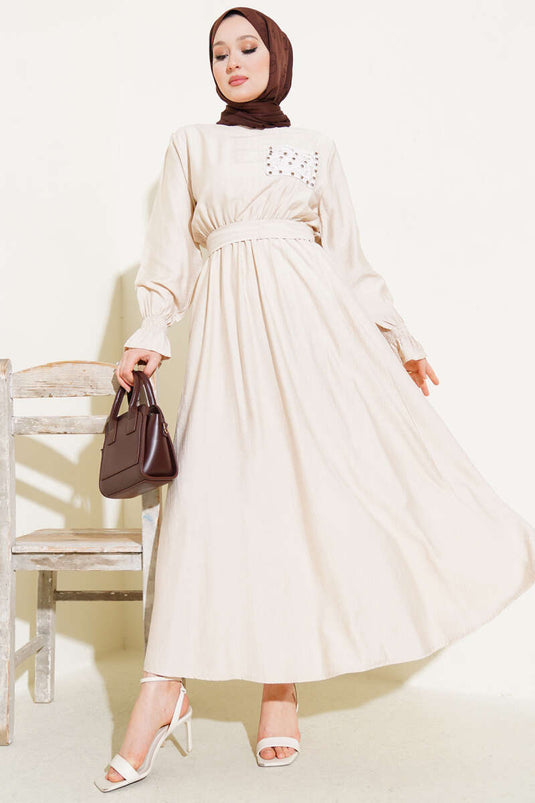 Taşlı Dantel Cepli Bel Lastikli Elbise Bej