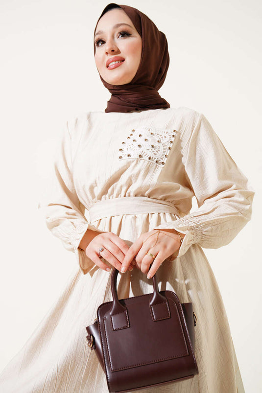 Stoned Lace Pocket Elastic Waist Dress Beige