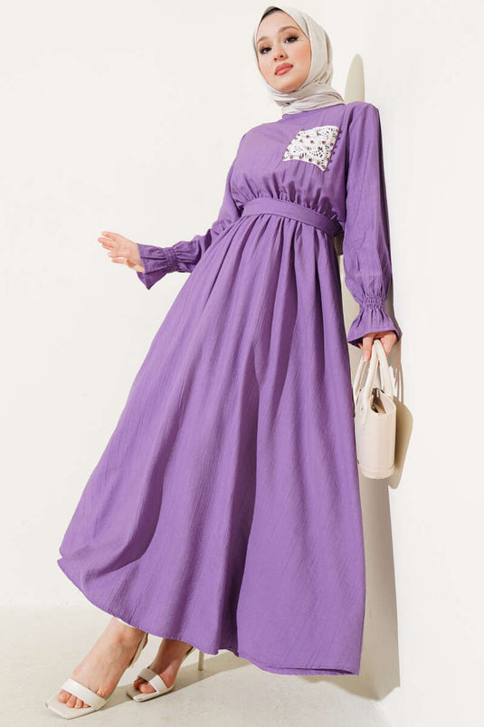 Taşlı Dantel Cepli Bel Lastikli Elbise Lila