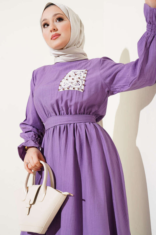 Stoned Lace Pocket Elastic Waist Dress Lilac