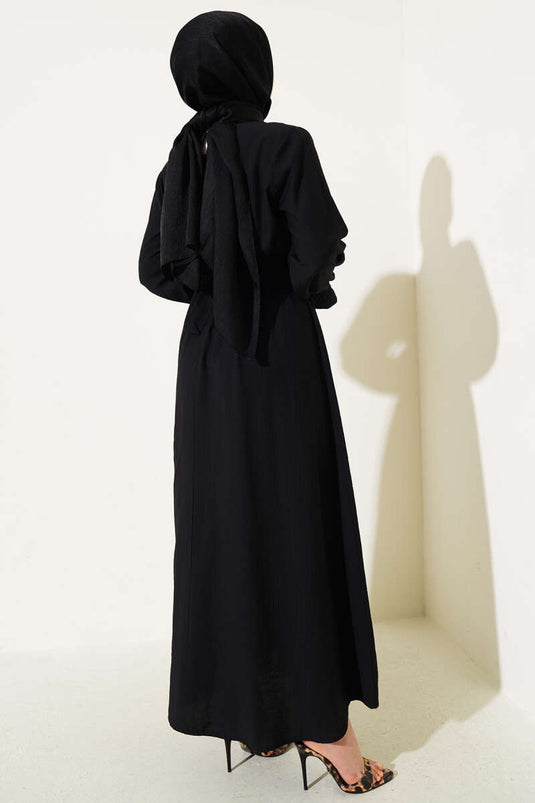 Stoned Lace Pocket Elastic Waist Dress Black