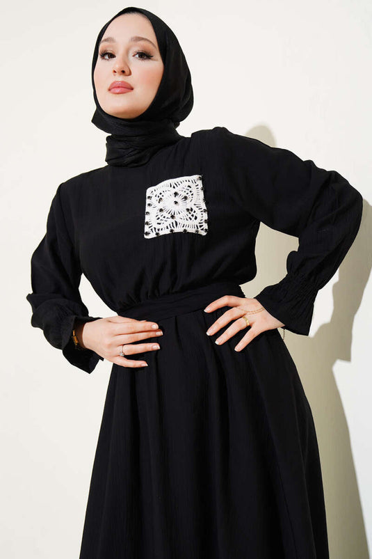 Stoned Lace Pocket Elastic Waist Dress Black