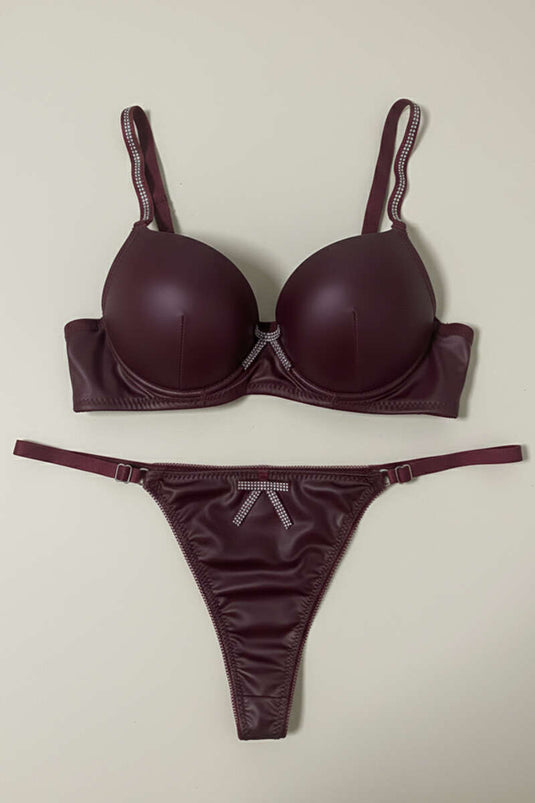 Taşlı Deri Garnili Sütyen Takımı Bordo