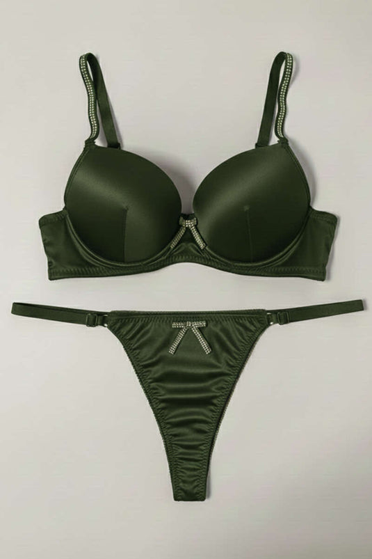 Taşlı Deri Garnili Sütyen Takımı Haki