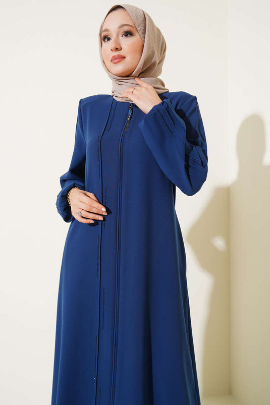 Taşlı Dikişli Omuz Vatkalı Büyük Beden Ferace Indıgo