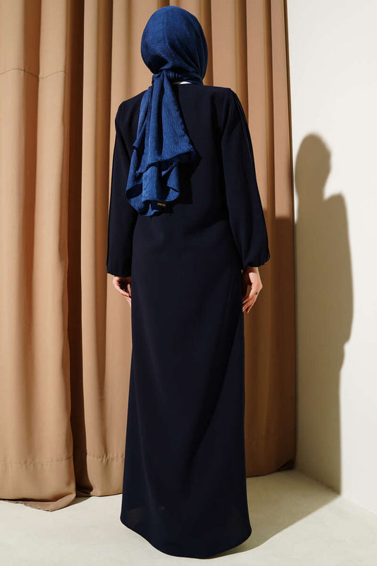 Stoned Stitched Shoulder Padded Plus Size Abaya Navy Blue