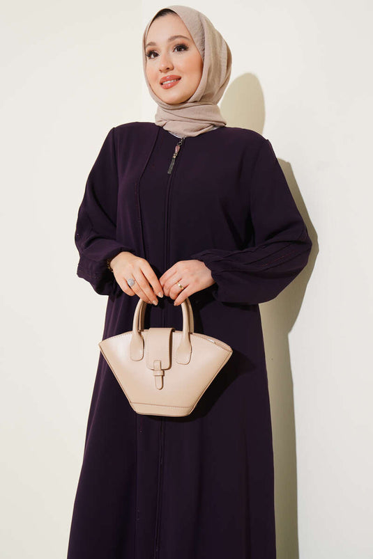 Taşlı Dikişli Omuz Vatkalı Büyük Beden Ferace Mor