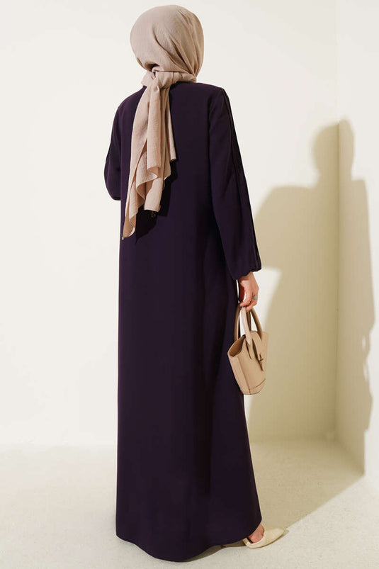 Taşlı Dikişli Omuz Vatkalı Büyük Beden Ferace Mor