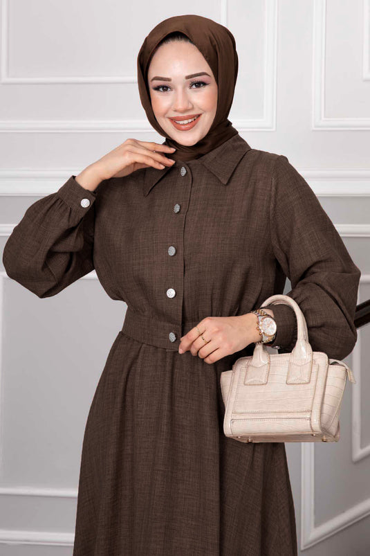 Taşlı Düğme Detaylı Etekli Takım Acı Kahve