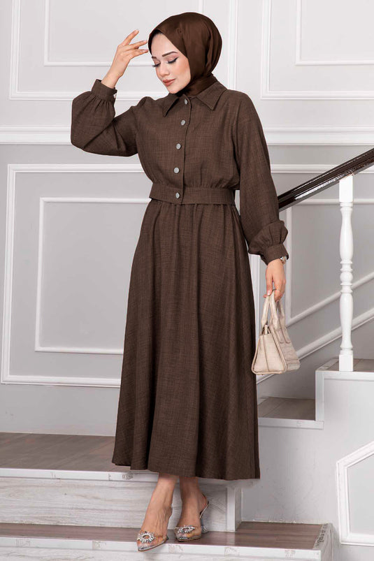 Taşlı Düğme Detaylı Etekli Takım Acı Kahve