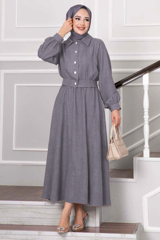 Stone Button Detailed Skirted Hijab Suit Gray