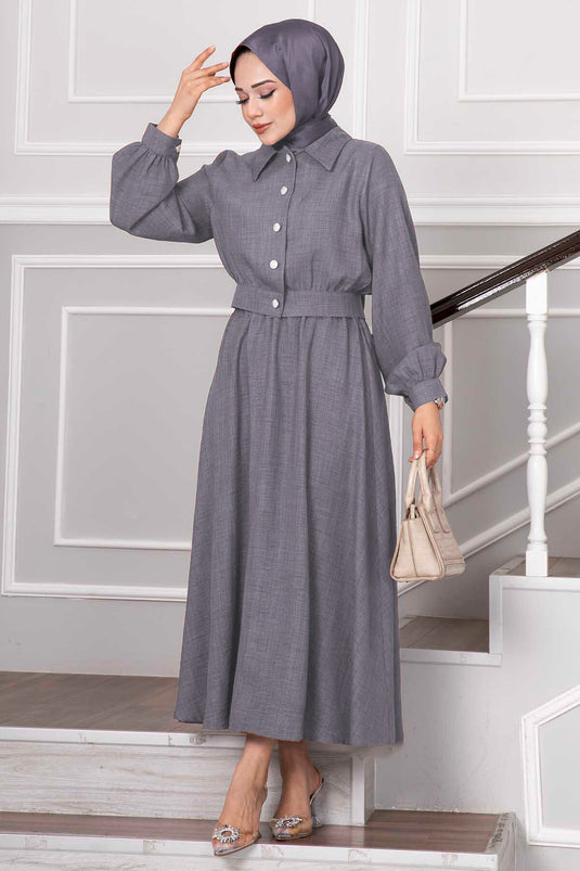 Stone Button Detailed Skirted Hijab Suit Gray