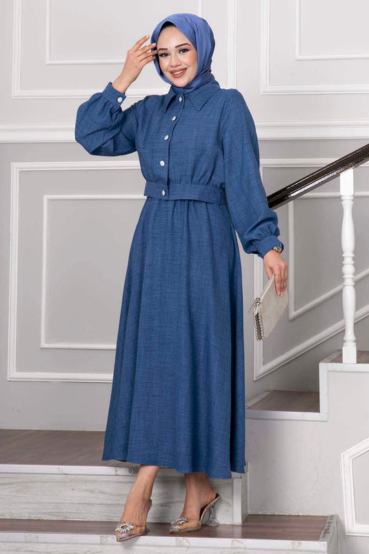 Ensemble hijab avec jupe et boutons en pierre indigo