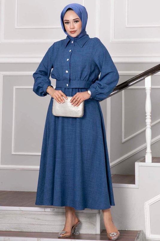 Ensemble hijab avec jupe et boutons en pierre indigo